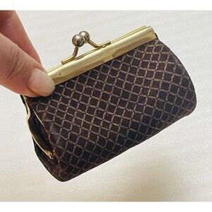 VTG Italian Suede Leather Coin Purse Kiss Lock Gold Hardware Brown Geometric
